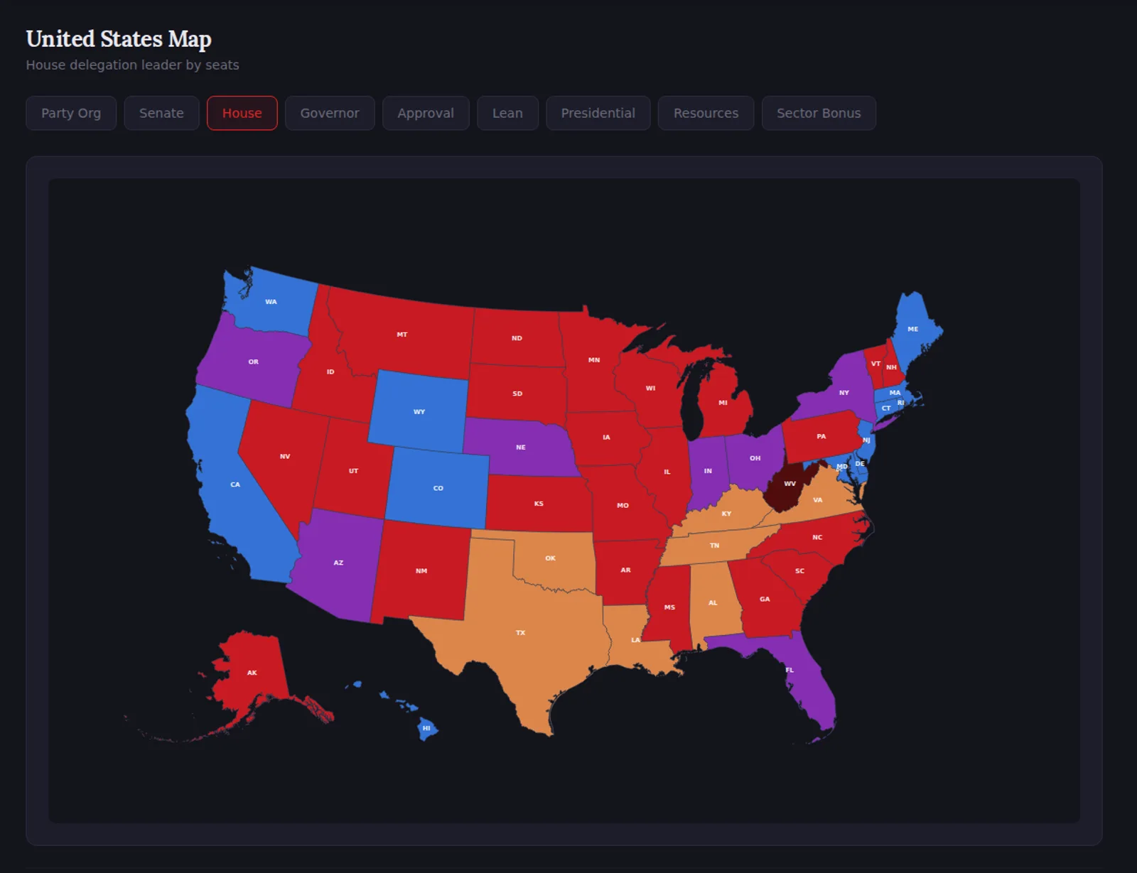 The United States map in A House Divided, each state colored by the party leading its House delegation