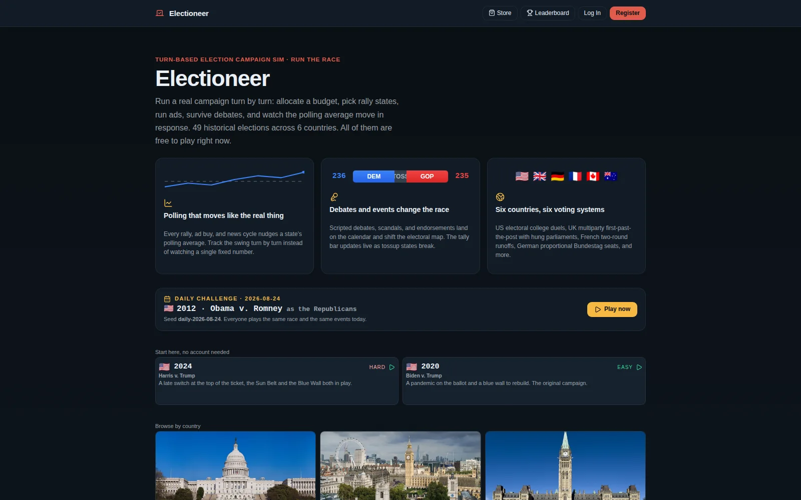 Electioneer's live campaign selection screen