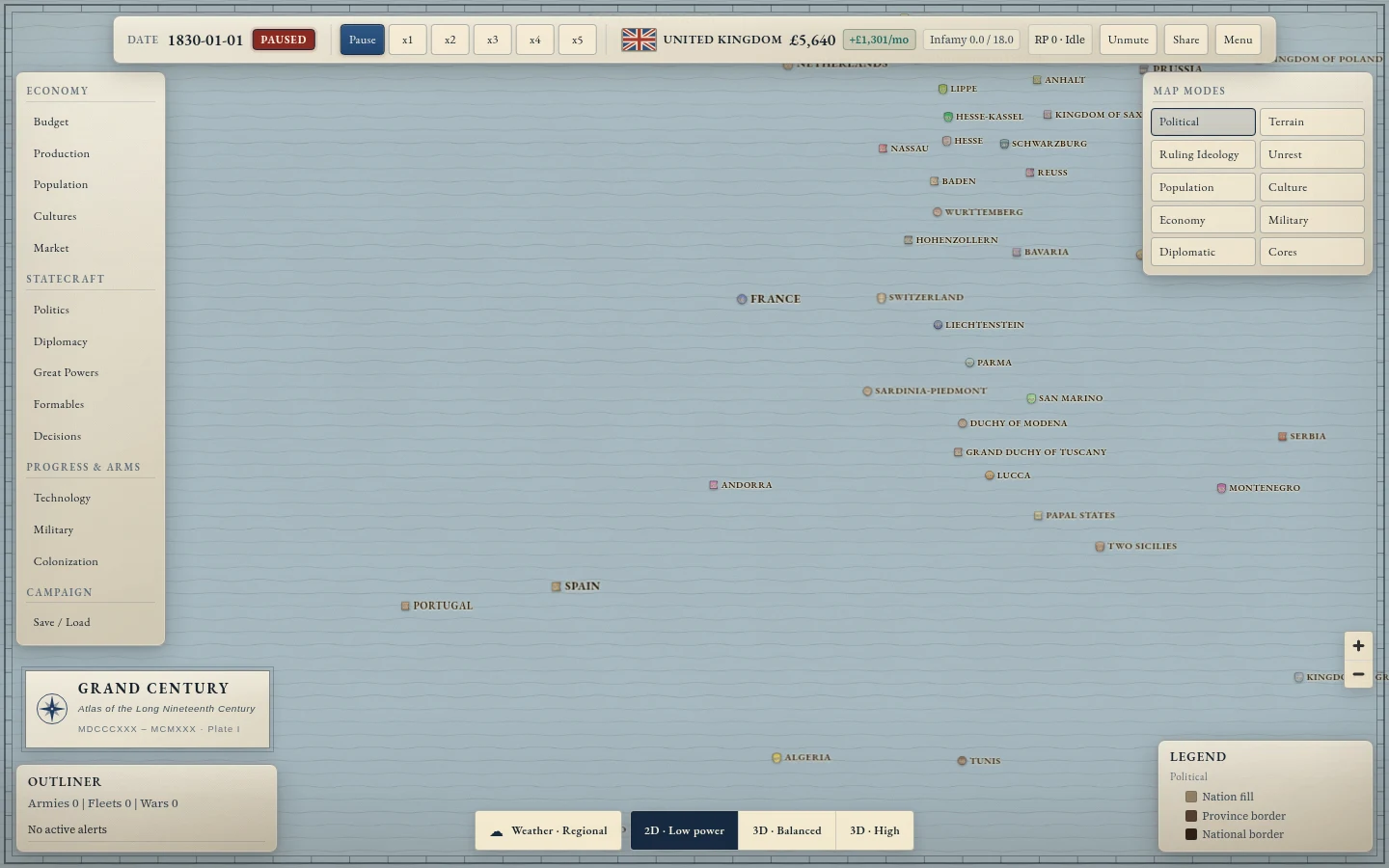 Grand Century's 1830 political map and interface