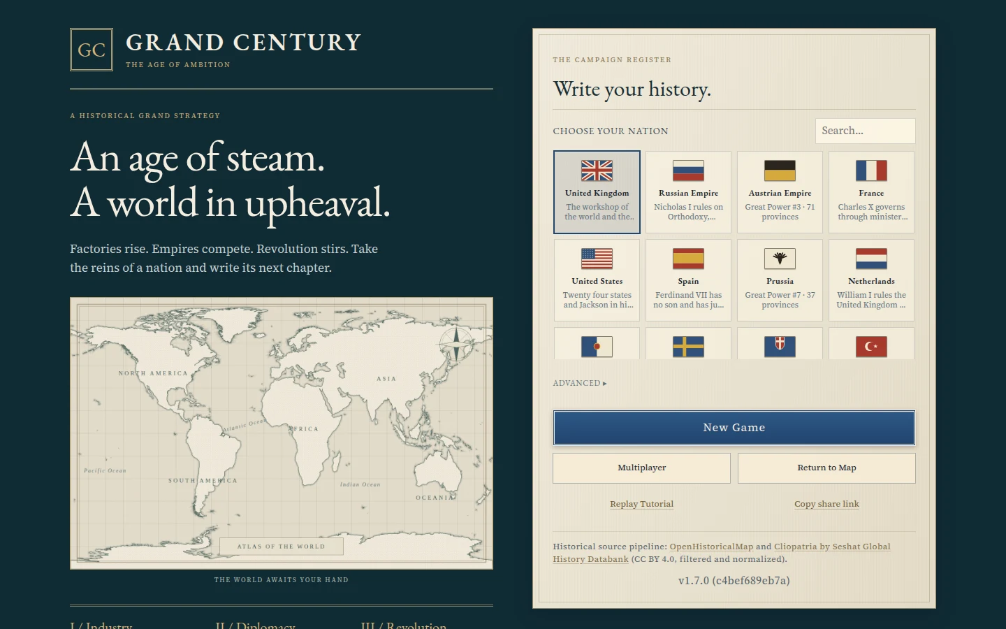 Grand Century's world map and country panels