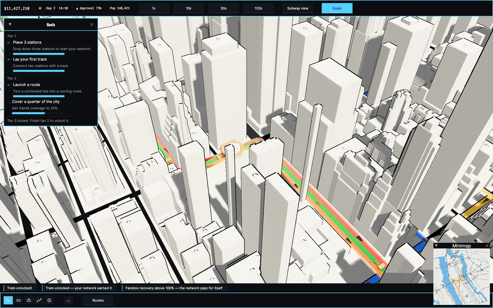 A built transit network threaded through 3D Manhattan in MetroForge