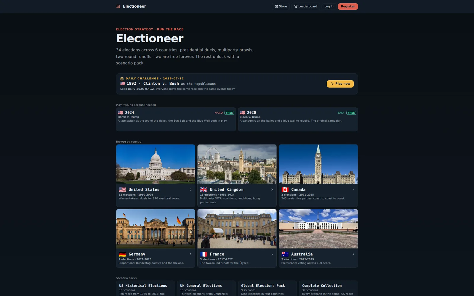 Scenario select screen with campaigns from six countries